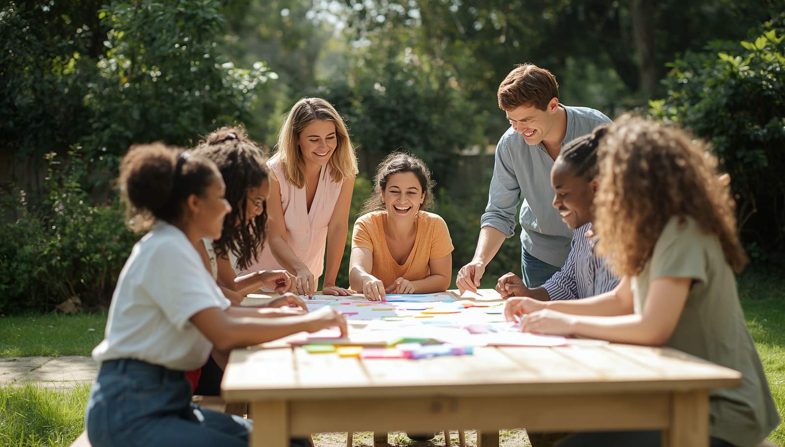 Bunte Gruppe von Eltern in einer interaktiven Workshop-Situation im Freien